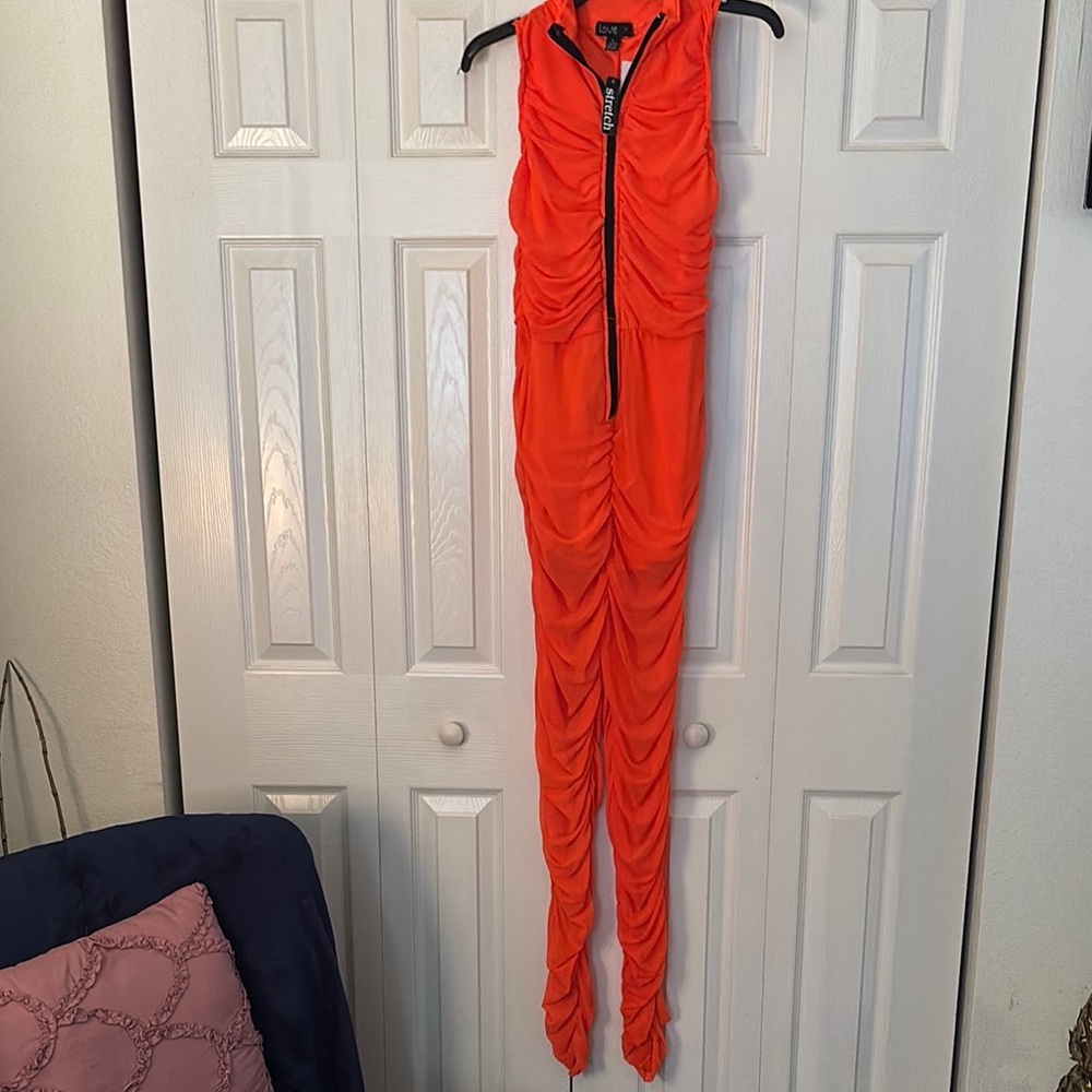 Love Orange and Black Ruched Jumpsuit
